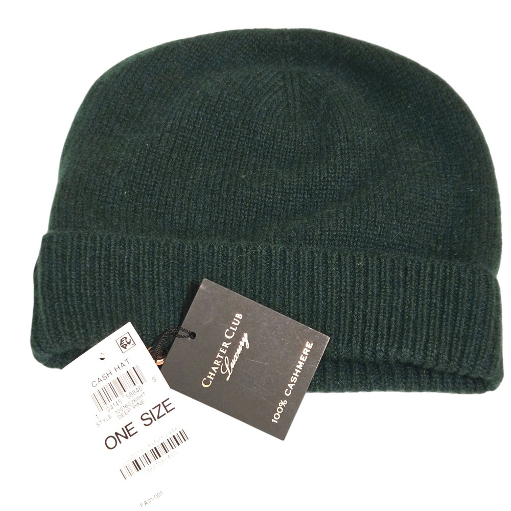 Charter Club 100% Cashmere Hat Beanie Unisex OS Deep Green Knit Cuffed NEW